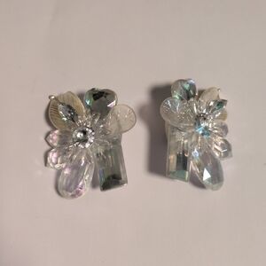 1950s Vintage Clear Aurora Borealis Floral Iridescent  Clip On Earrings
